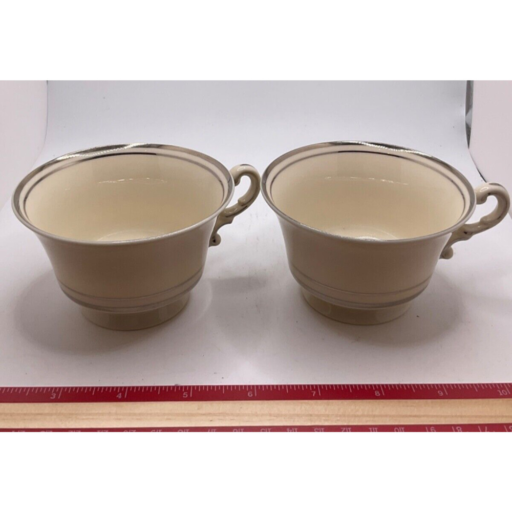 Set of 2 Mid-century Old Ivory Syracuse Teacups with Gold Stripes, 2.5in Tall